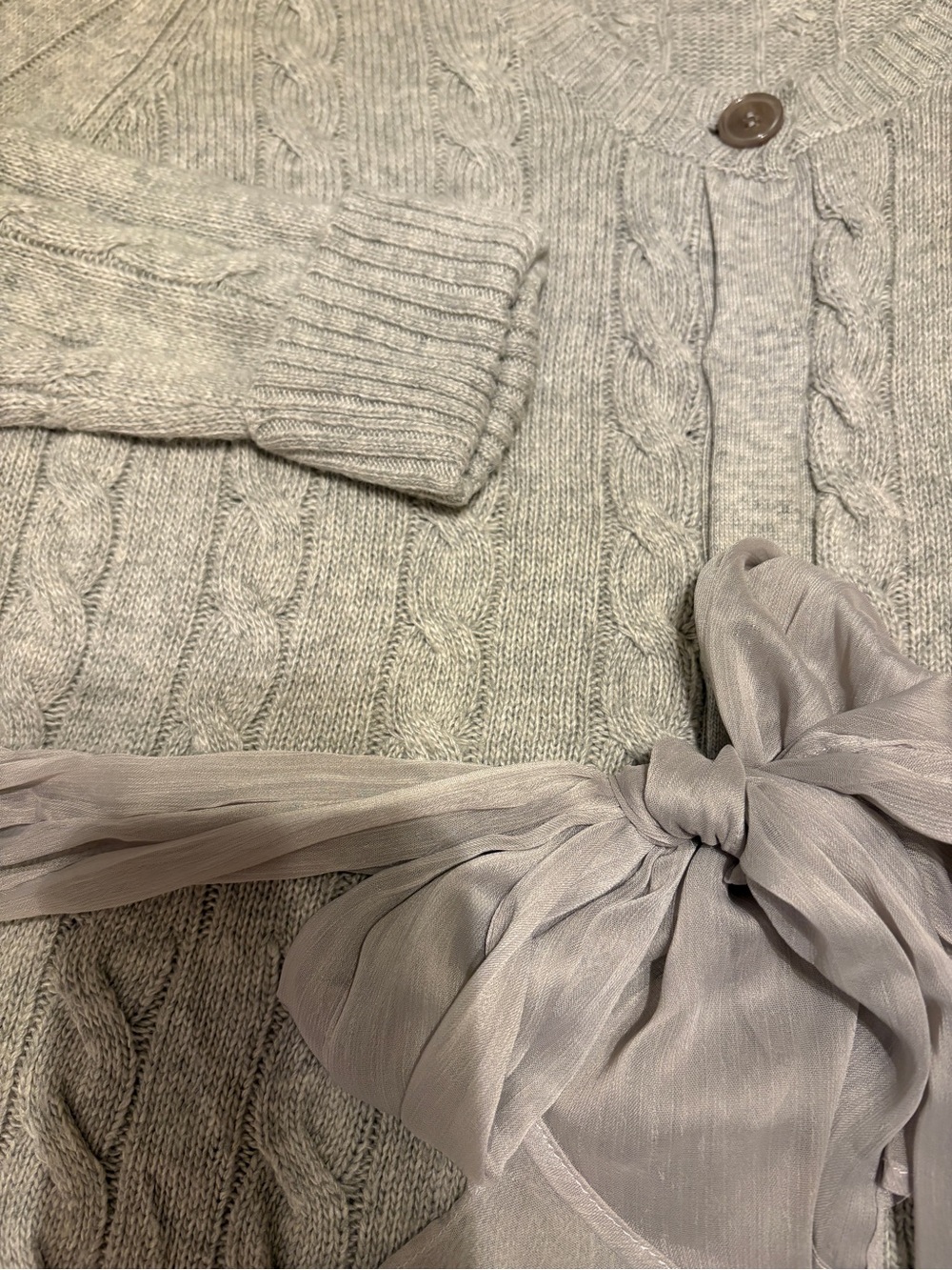 Monroe & Main Soft Gray Cable-Knit Long Cardigan with Chiffon Tie